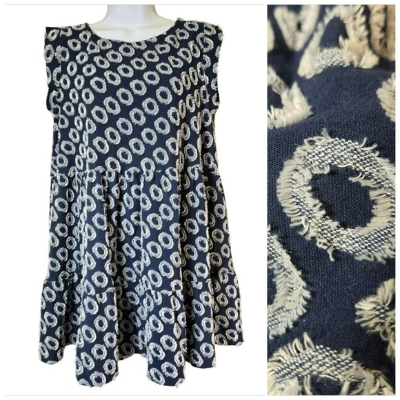 Maeve Dresses & Skirts - Maeve Anthropologie Lisanne Textured Navy Ivory Tunic Dress Sz S Frayed Circles
